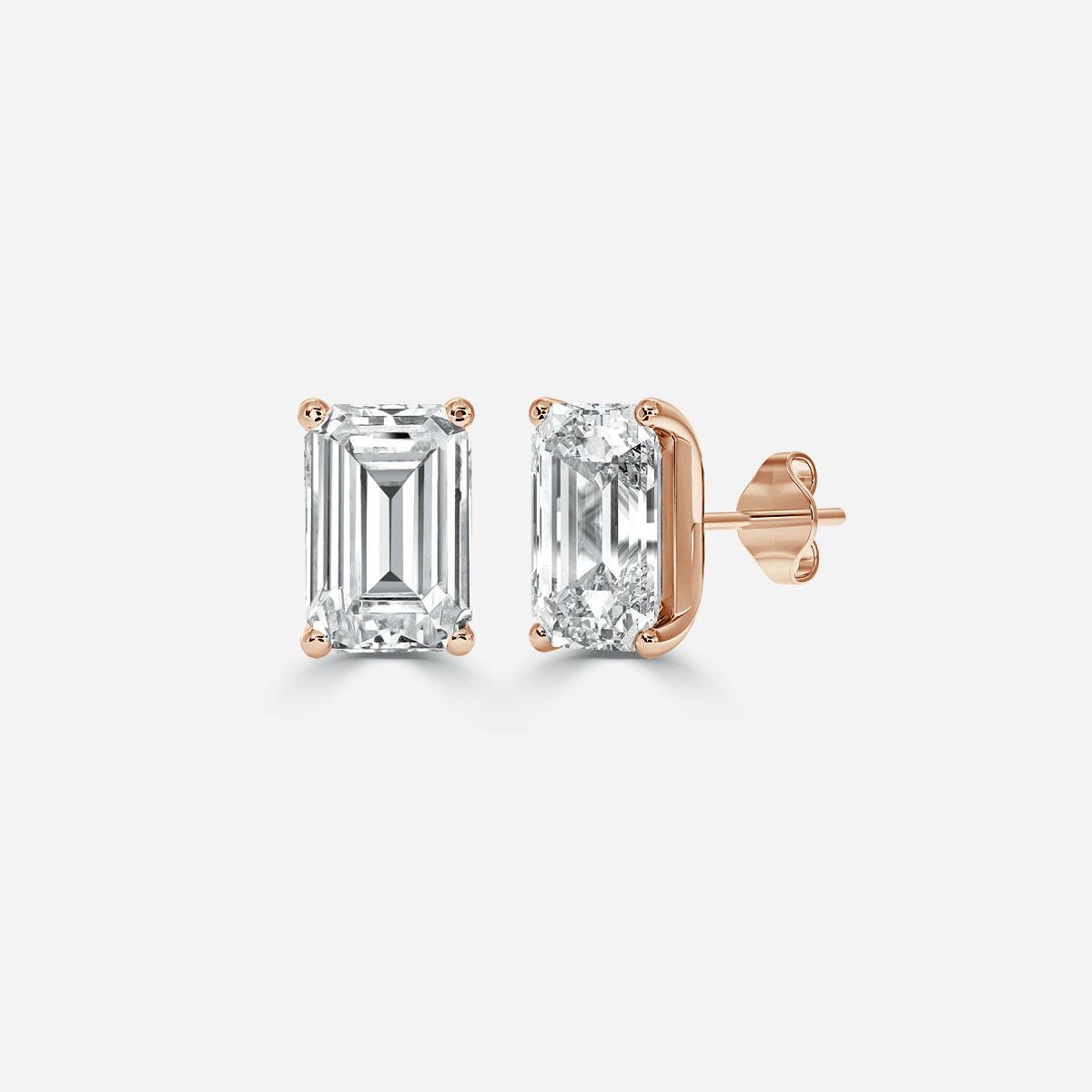 Classic emerald cut lab grown diamond solitaire earrings in rose gold