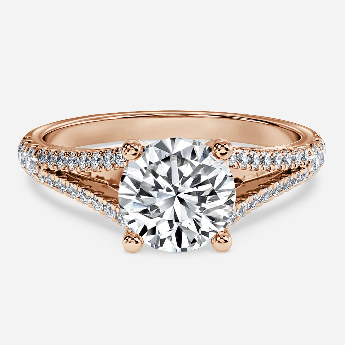 Front View - Round Solitaire ring with V Shaped Diamond Band in rose gold